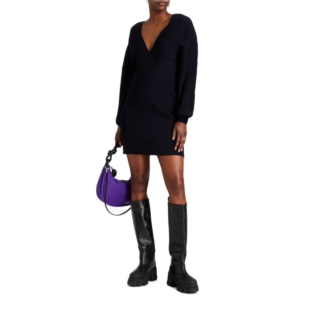 GANNI Wrap-effect Ribbed-knit Mini Dress Dark Navy Size Small NWT